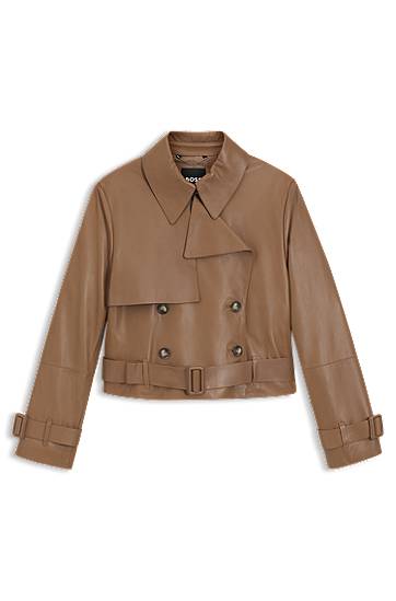 Jakna BOSS Leather Trench Jacket with Tie Belt Smeđa | 50541289
