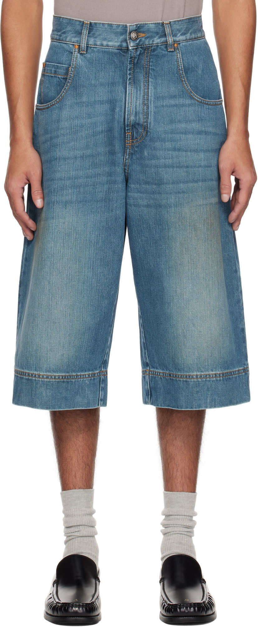 Kratke hlače Palm Angels Palm Angels Curved Logo Denim Shorts Plava | PMYC007S25DEN0014555