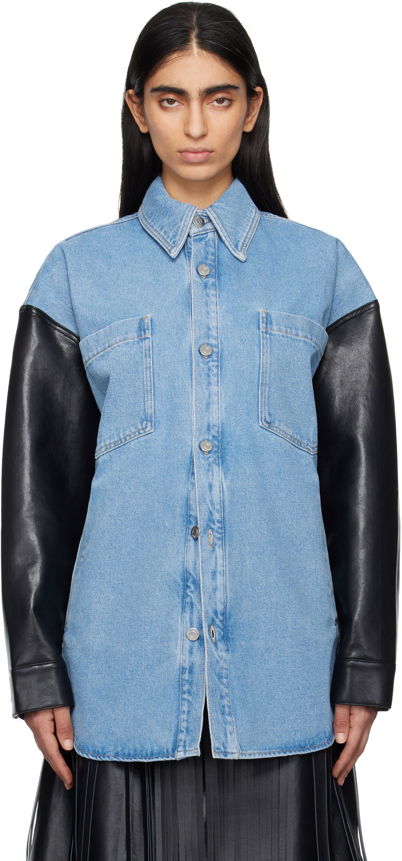 Košulja Nanushka Nanushka Zinnie Denim Shirt with Faux Leather Sleeves Plava | NU25RSTP09753