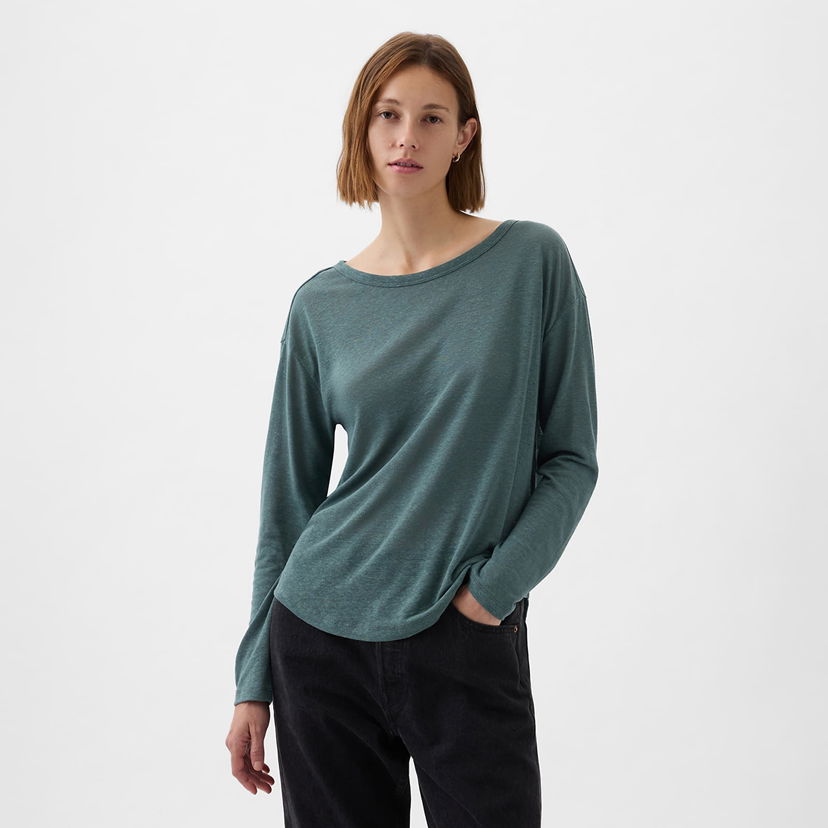 Majica kratkih rukava GAP Top Longsleeve Linen Blend Boatneck Top Laurel Wreath Zelena | 878218-04