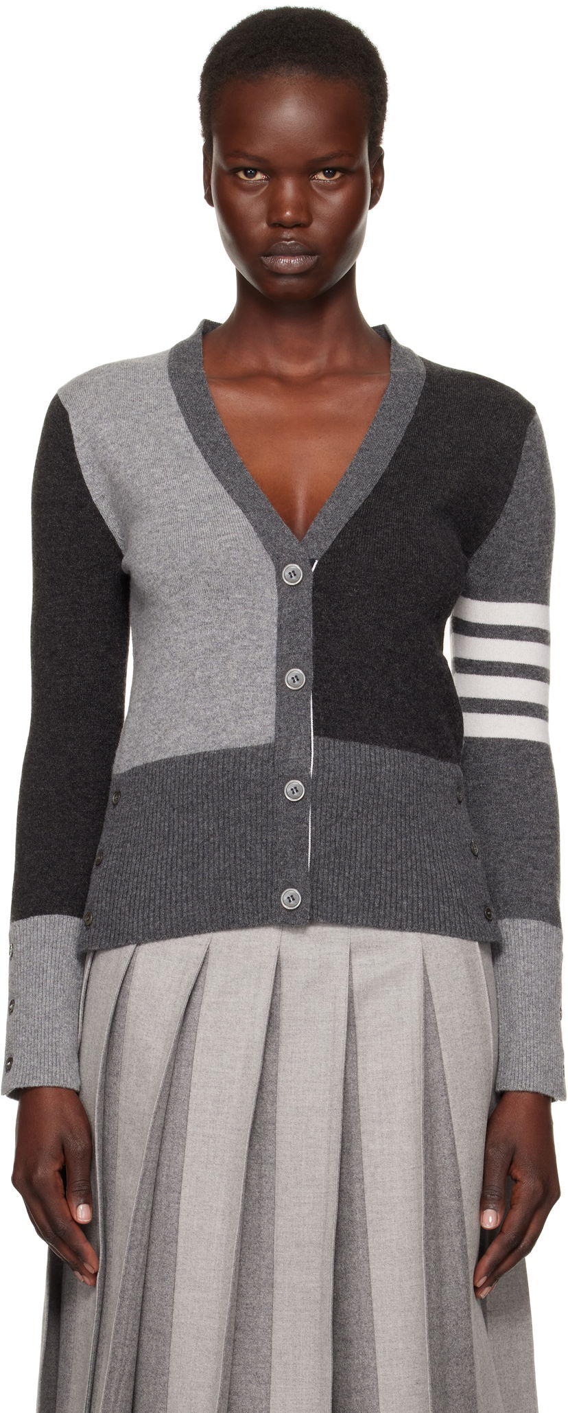 Džemper Thom Browne Funmix 4-Bar V-Neck Cardigan Siva | FKC001F-00011