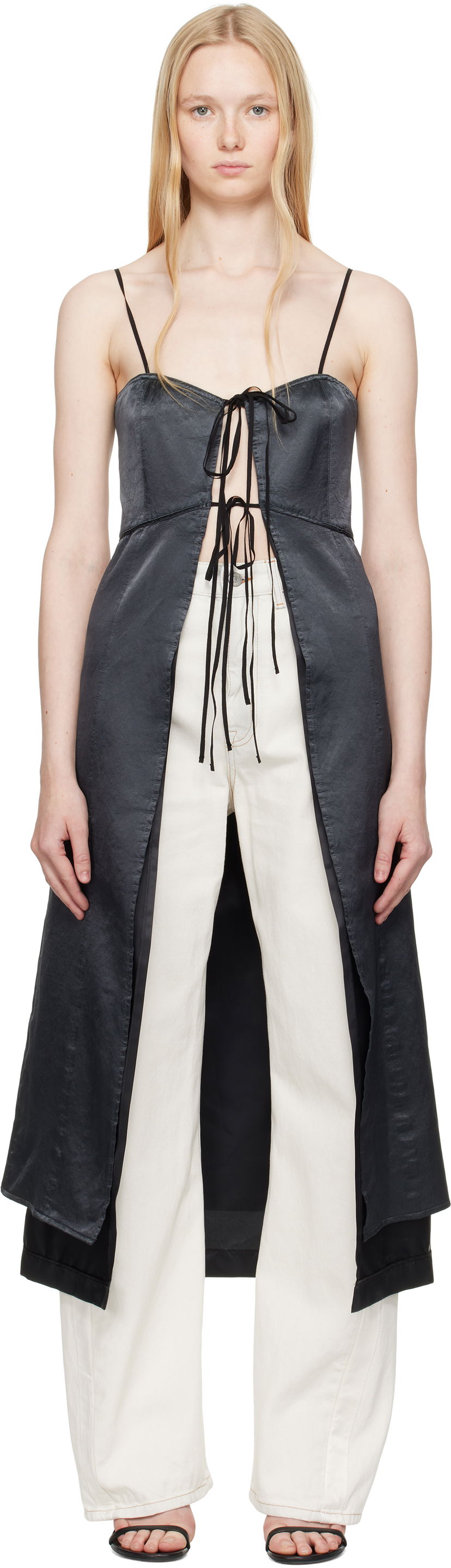 Haljina Maison Margiela MM6 Maison Margiela Washed Viscose Satin Tie-Front Dress Top Crna | S62DD0041 M35452