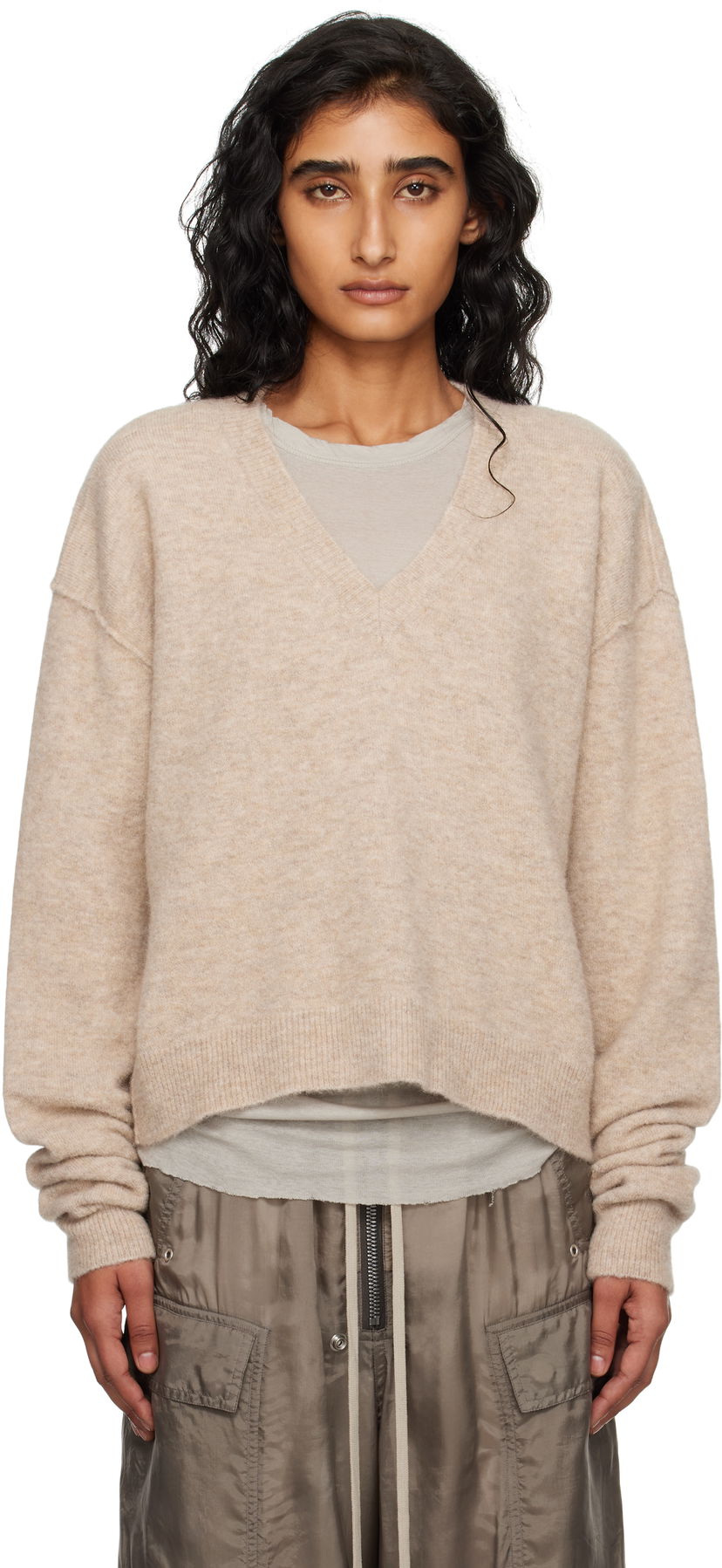 Džemper Rick Owens Rick Owens Tommy V-Neck Sweater Bež | RP02E4650 KWP
