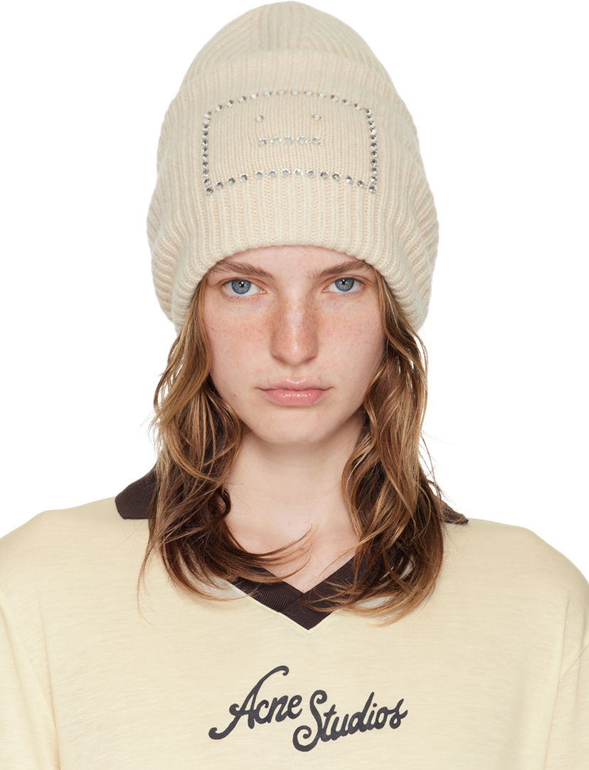 Kapica Acne Studios Beige Embellished Square Beanie Bež | C40367-