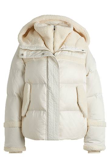Pernata jakna BOSS Water-Repellent Puffer Jacket with Teddy Trim Bijela | 50524479