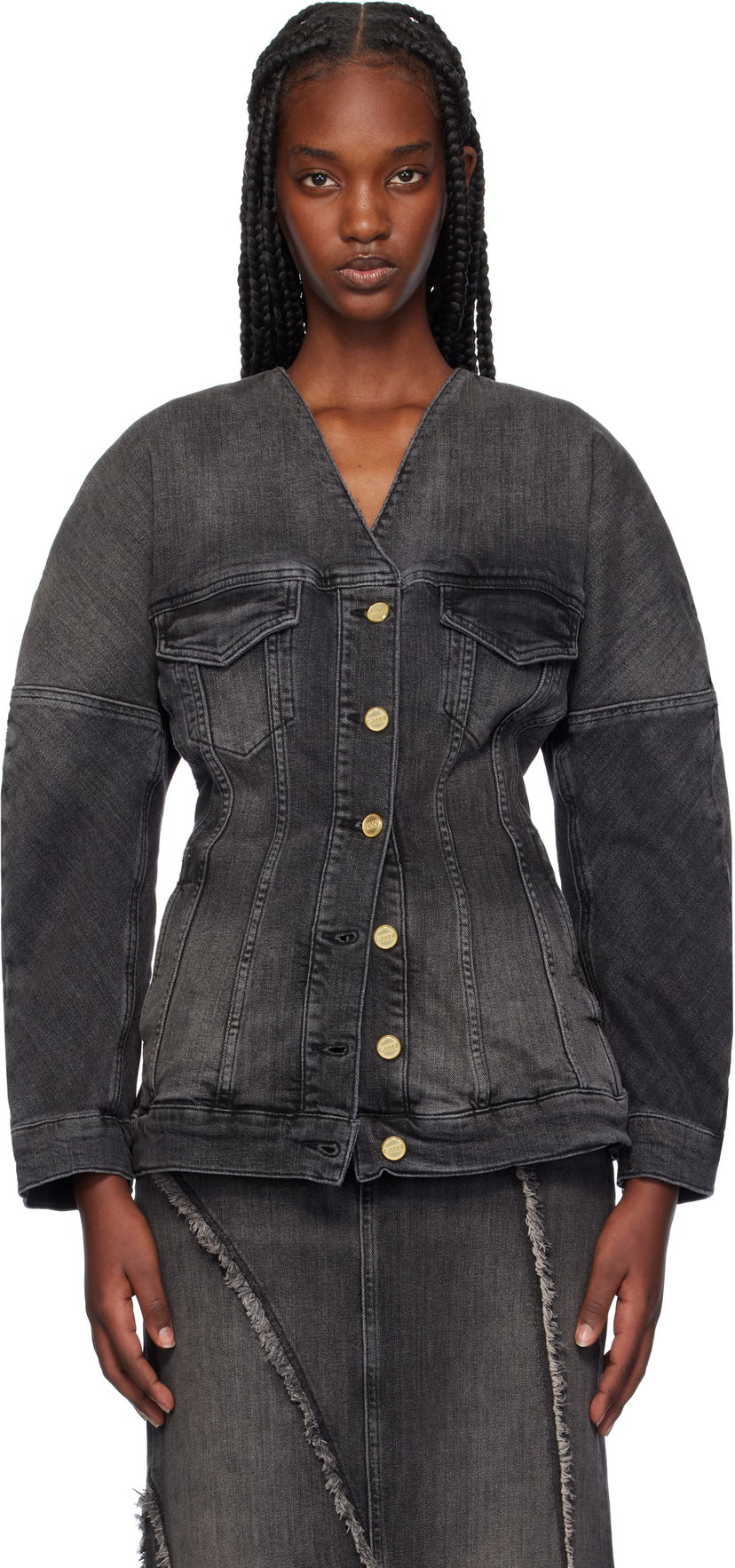 Jakna GANNI Fitted Denim Button Up Jacket Crna | J1529