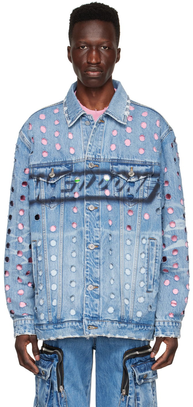 Jakna We11done We11done Logo Distressed Denim Jacket Plava | WD-DJ1-22-355-U-BL