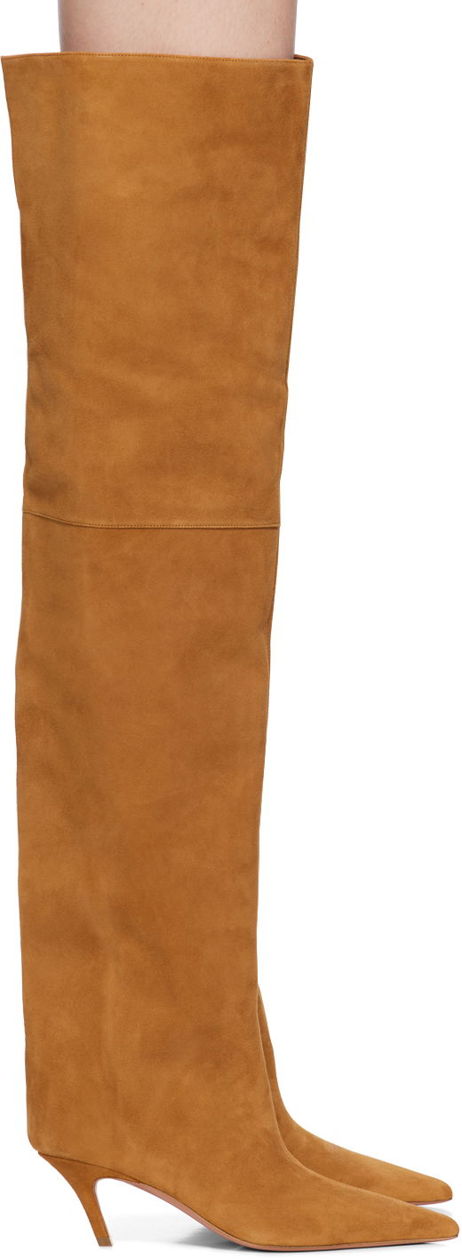 Haljina Amina Muaddi Amina Muaddi Fiona Thigh-High Suede Boots Smeđa | FIONA THIGH BENDED HEEL SUEDE