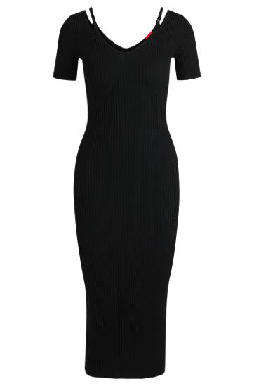 Haljina BOSS Ribbed-Knit Bodycon Midi Dress with Cutout Details Crna | 50538239