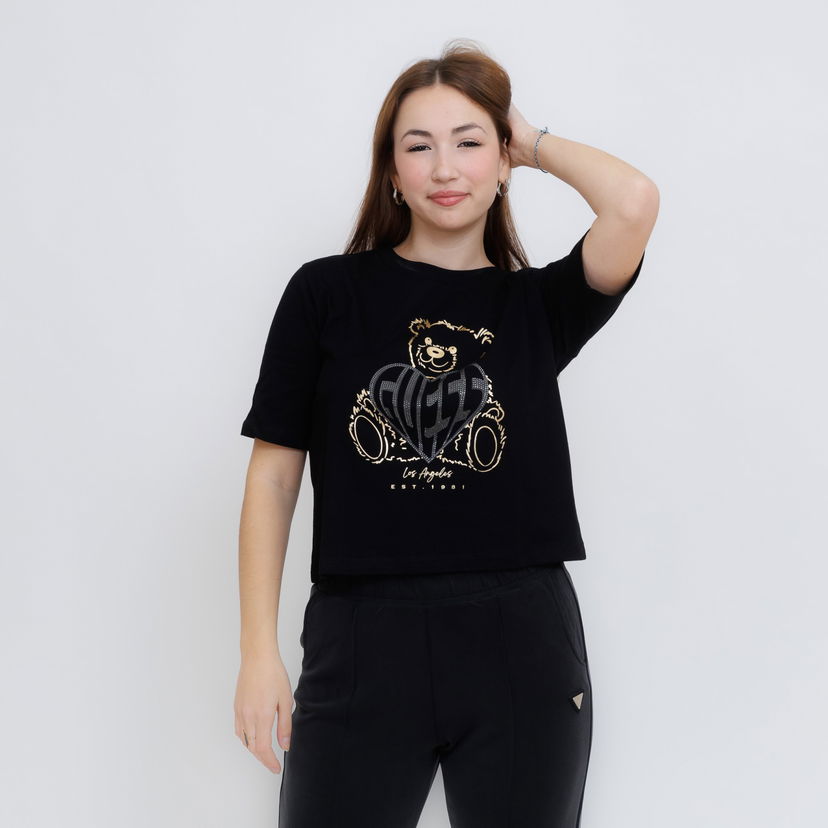 Crop top GUESS Guess Rhinestone Bear Boxy T-Shirt Crna | V5RI09I3Z14-JBLK