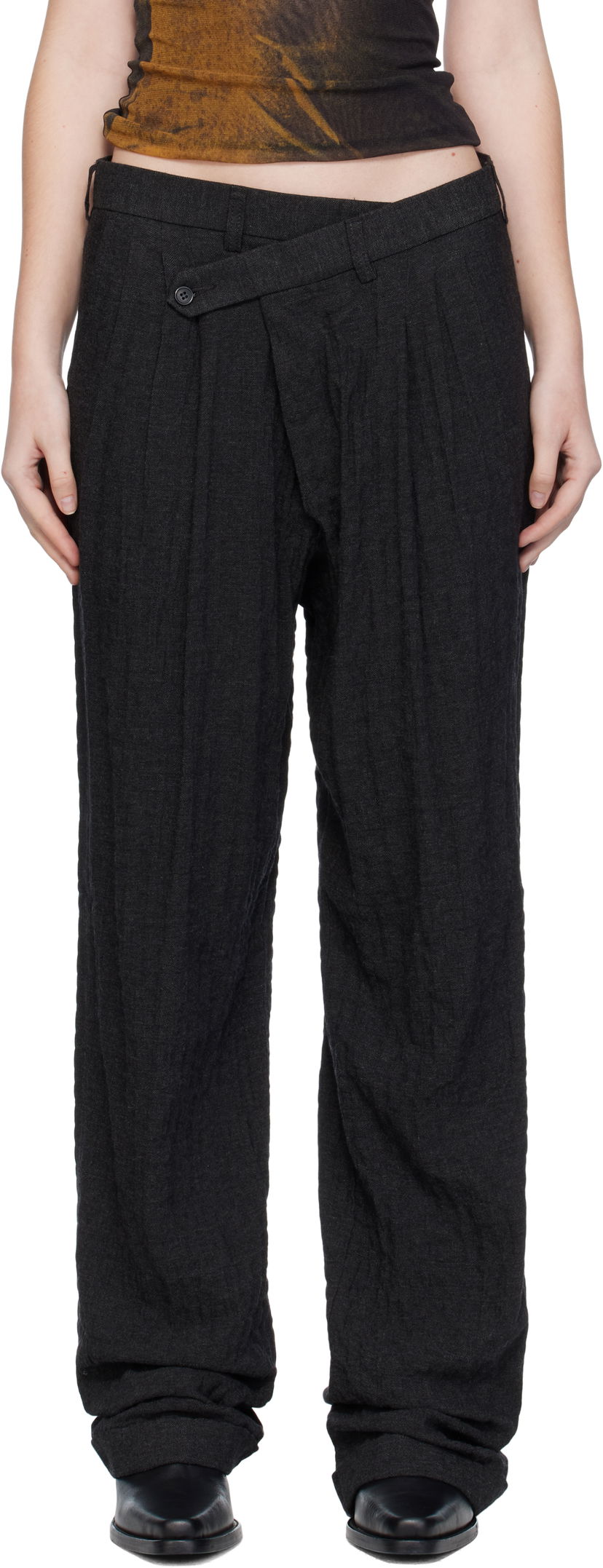 Hlače R13 R13 Tripe Pleat Crossover Trousers Crna | R13W7516-R580A