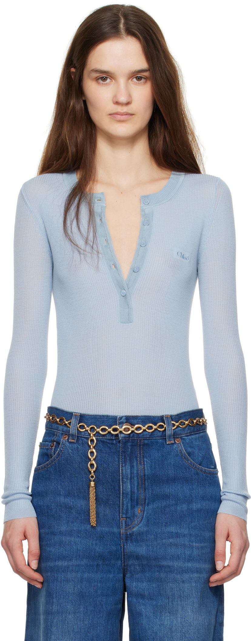 Body CHLOÉ Chloe Long Sleeve Henley Top Plava | CH24WMP51667