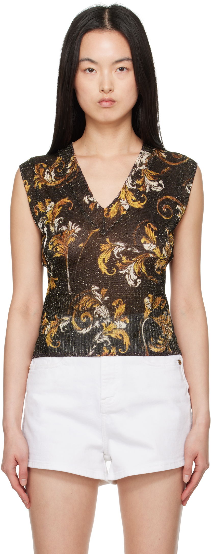 Majica bez rukava Versace Versace Jeans Couture Barocco Lurex Vest Crna | E78HAFM06_ECMN45