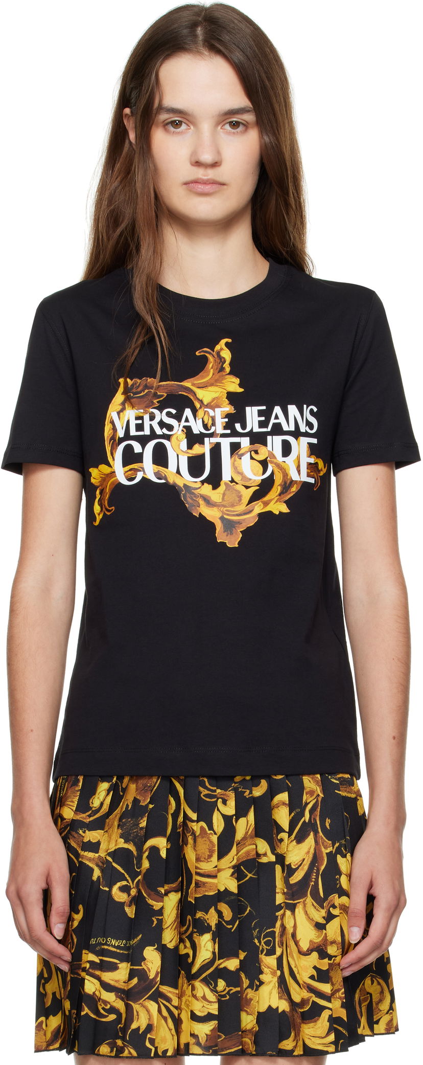 Majica kratkih rukava Versace Versace Jeans Couture Cotton Jersey T-shirt with Baroque Print Crna | E79HAHE06_ECJ00E