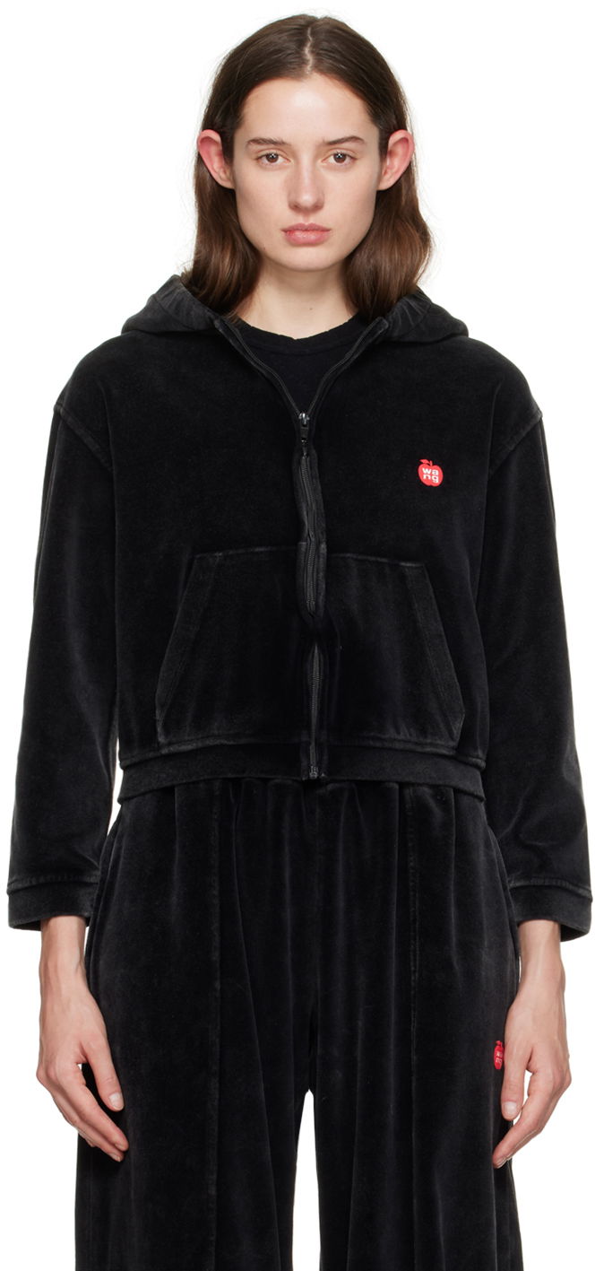 Dukserice Alexander Wang Shrunken Velour Zip Hoodie Crna | 4CC1242075