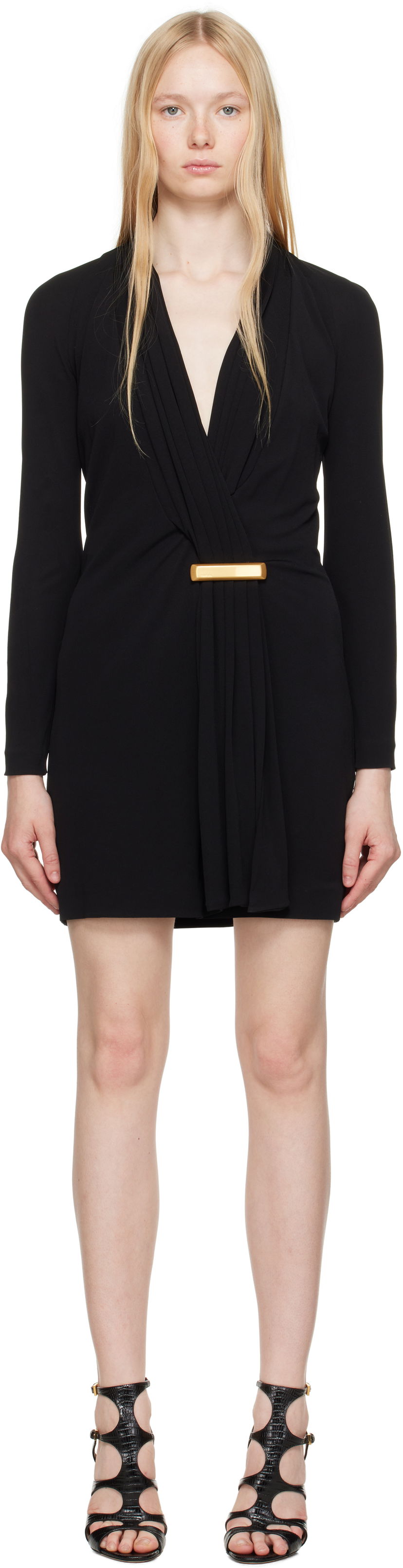 Haljina Tom Ford TOM FORD V-Neck Long Sleeve Cocktail Minidress Crna | ABJ835-JEX131
