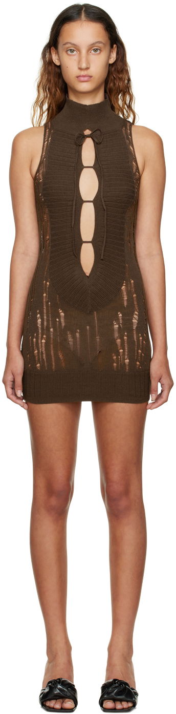 Haljina GUIZIO Guizio Distressed Knit Mini Dress Smeđa | KTD 2