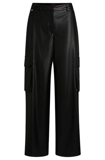 Cargo hlače BOSS Loose Fit Faux Leather Cargo Trousers Crna | 50534209