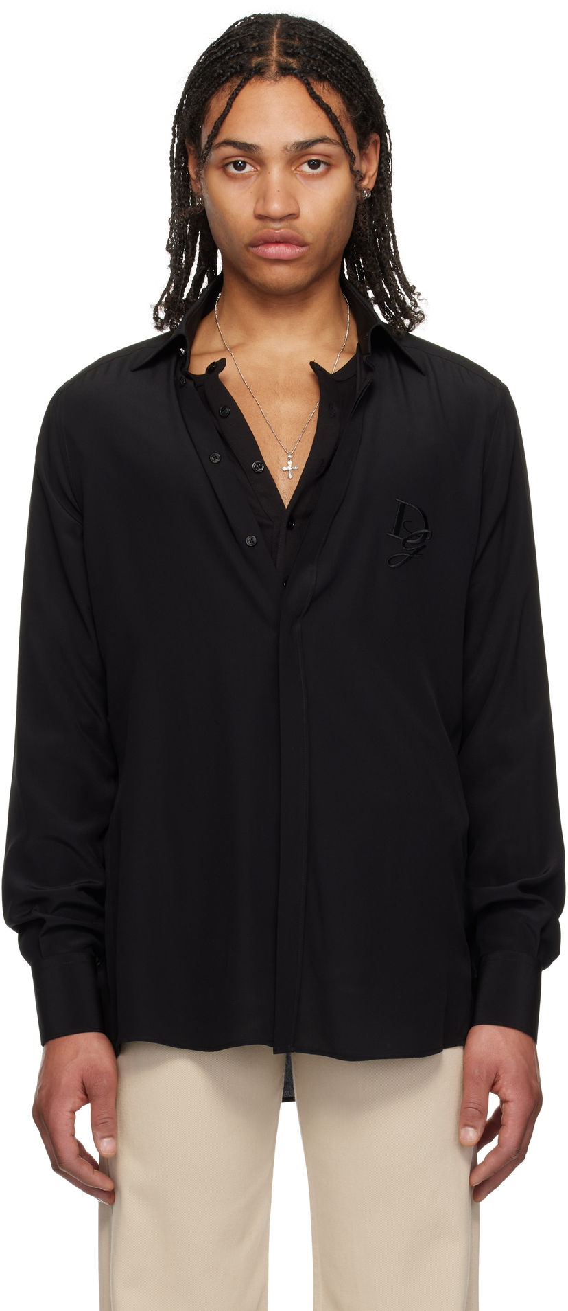 Košulja Dolce & Gabbana Dolce&Gabbana Silk Logo Embroidered Shirt Crna | G5MO1ZFU1UQ
