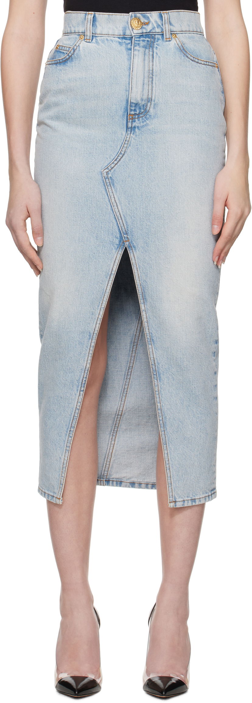 Suknja Balmain Balmain Denim Midi Skirt with Slit Plava | EF1LD460DF23