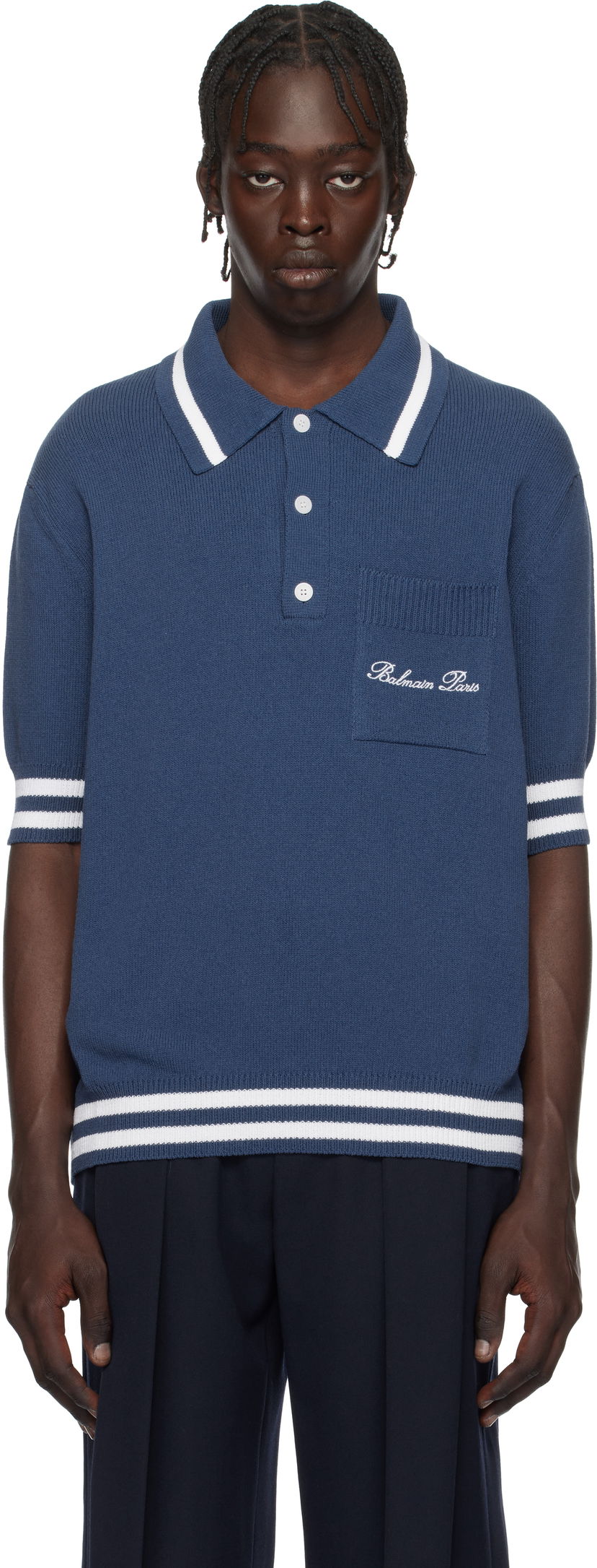 Polo majica Balmain Cotton-Blend Knit Polo Shirt Plava | EH1GB046KF96