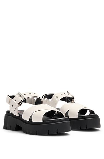 Dodaci BOSS Suede Sandals with Buckled Strap and Chunky Sole Bijela | 50541753
