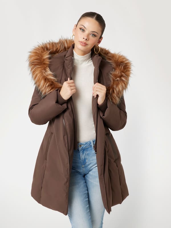 Parka GUESS Faux Fur Hood Puffer Jacket Smeđa | W4BL59WG7X2