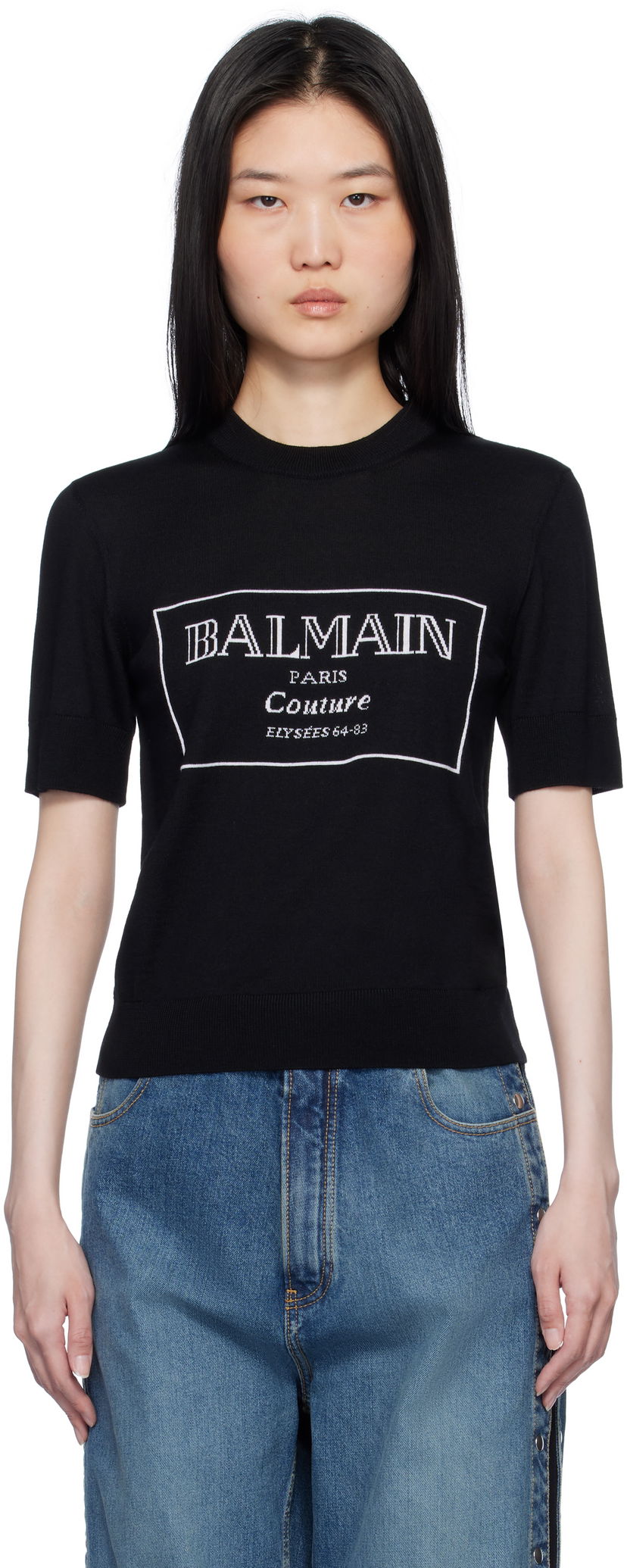 Majica kratkih rukava Balmain 'Couture' Knit T-shirt Crna | EF1KA115KH87