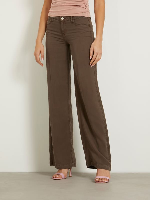 Hlače i traperice GUESS Mid Rise Wide Leg Pant Smeđa | W4GA96WDP85
