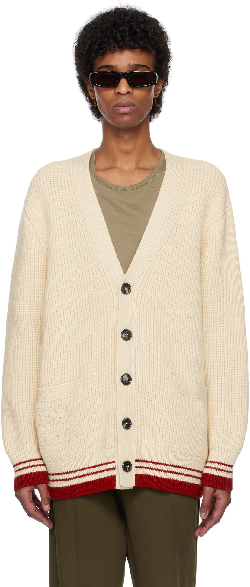 Džemper AMI AMI Paris Wool Ribbed Cardigan Bež | UKC168.KN0068