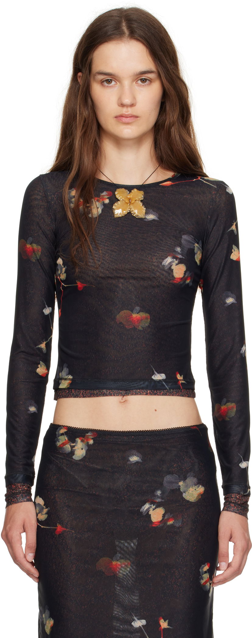 Majica kratkih rukava Eckhaus Latta Eckhaus Latta Duet Floral Print Semi-Sheer Top Crna | 1100-EL-PF25-BP -