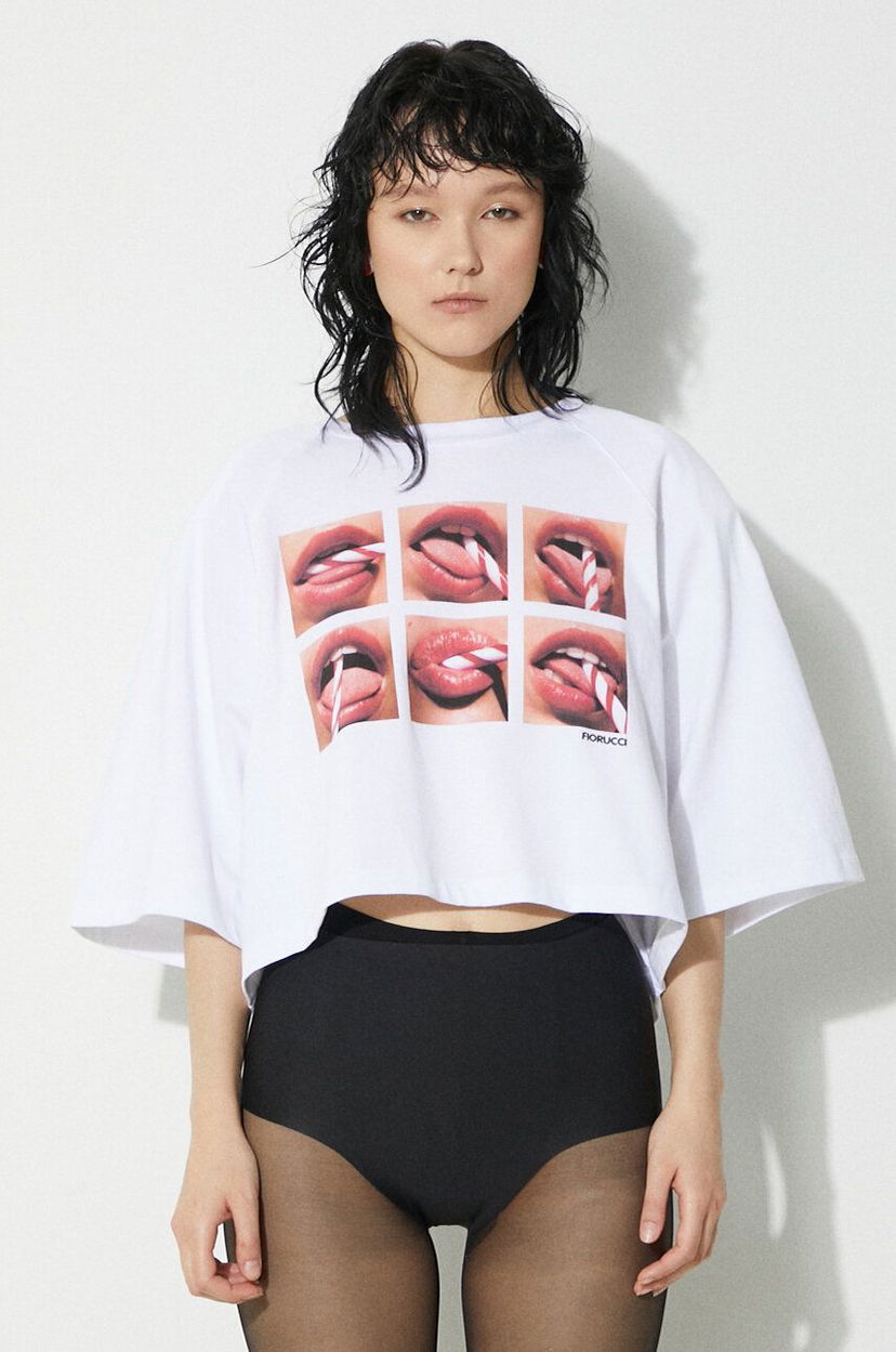Crop top Fiorucci Fiorucci Mouth Print Cropped T-Shirt Bijela | U01FPTSH106CJ01WH01