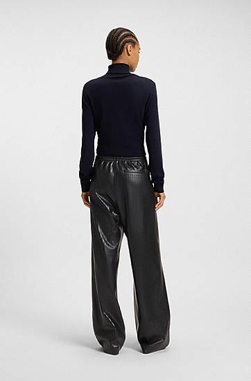Hlače BOSS Relaxed-fit wide-leg striped faux leather trousers Crna | 50548123, 1
