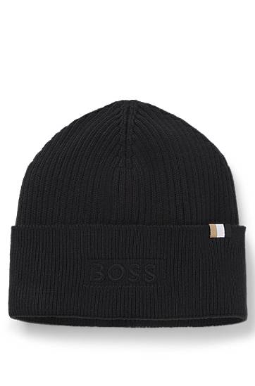 Kapica BOSS Ribbed Logo-Embroidered Beanie Hat in Wool and Cotton Crna | 50522427