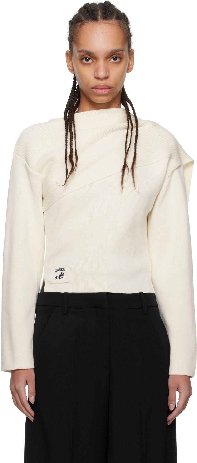 Džemper Erdem Erdem Drape Detail Ribbed Knit Sweater Bijela | PS25_KT7_WWRK