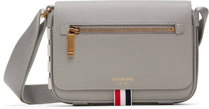 Torba za rame Thom Browne Thom Browne 4-Bar Pebble Grain Small Reporter Bag Siva | UAG229A-00198