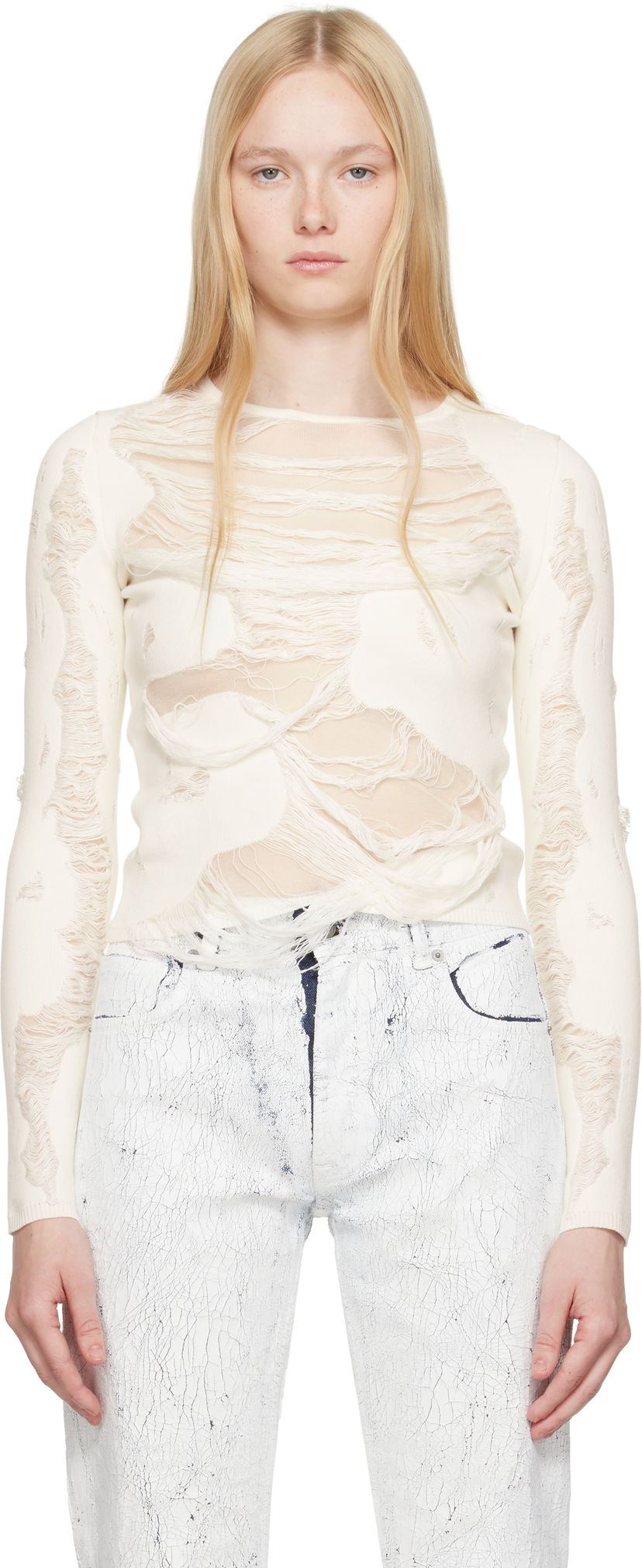 Džemper Maison Margiela MM6 Maison Margiela Slashed Crewneck Sweater Bijela | S62HL0032 M13121