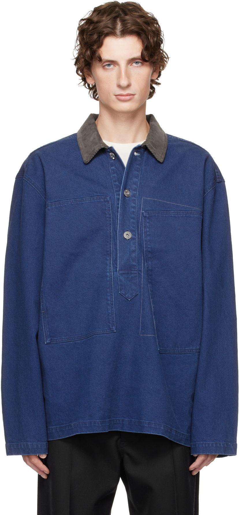 Polo majica JW Anderson Denim Polo with Patch Pockets and Corduroy Collar Plava | DS0014-PG1835
