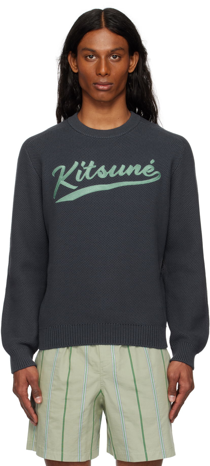 Džemper MAISON KITSUNÉ Kitsuné Varsity Embroidered Mesh Sweater Siva | OM00808KT1137