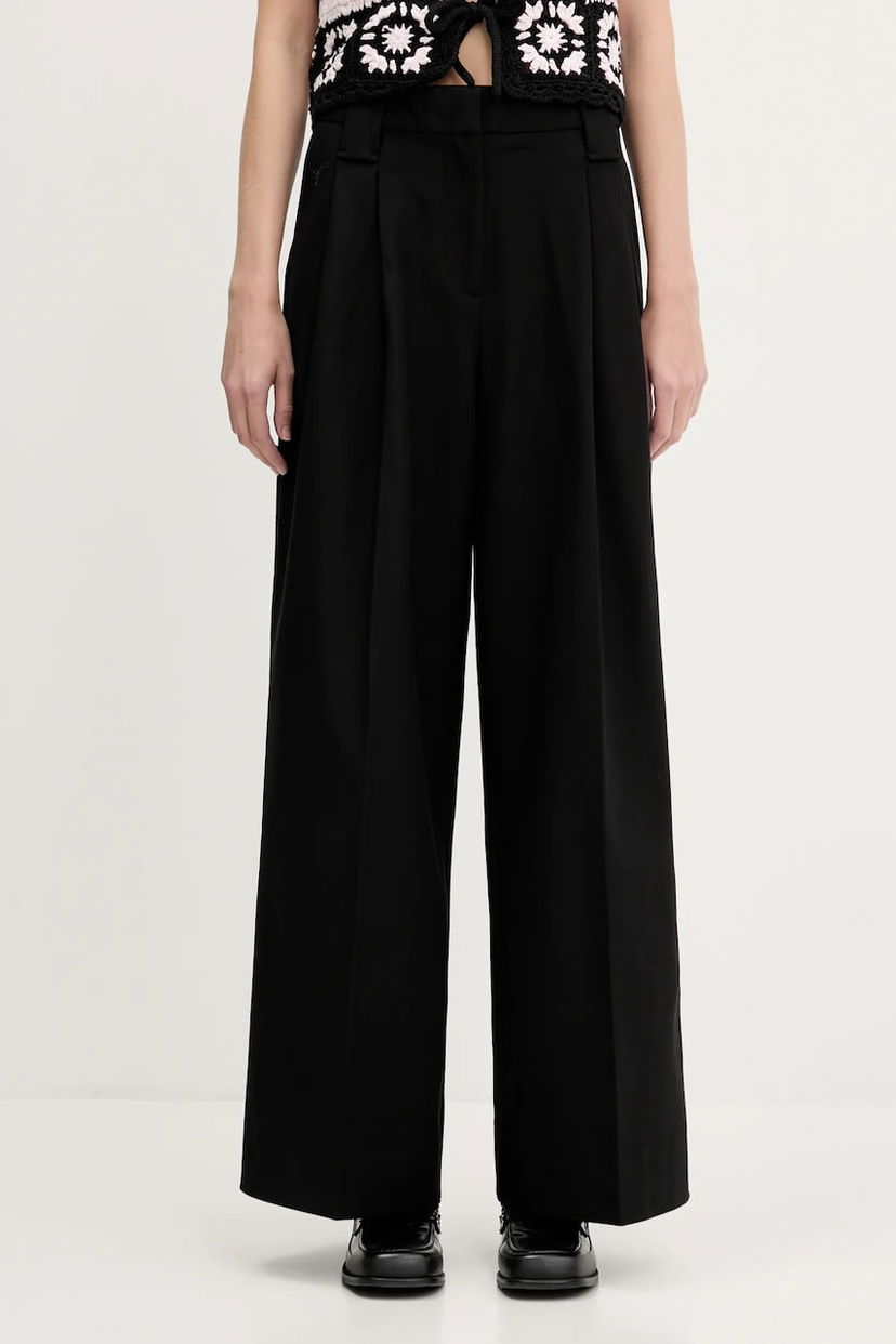 Hlače GANNI GANNI Heavy Cotton Tailoring High Waist Wide Leg Trousers Crna | W0246