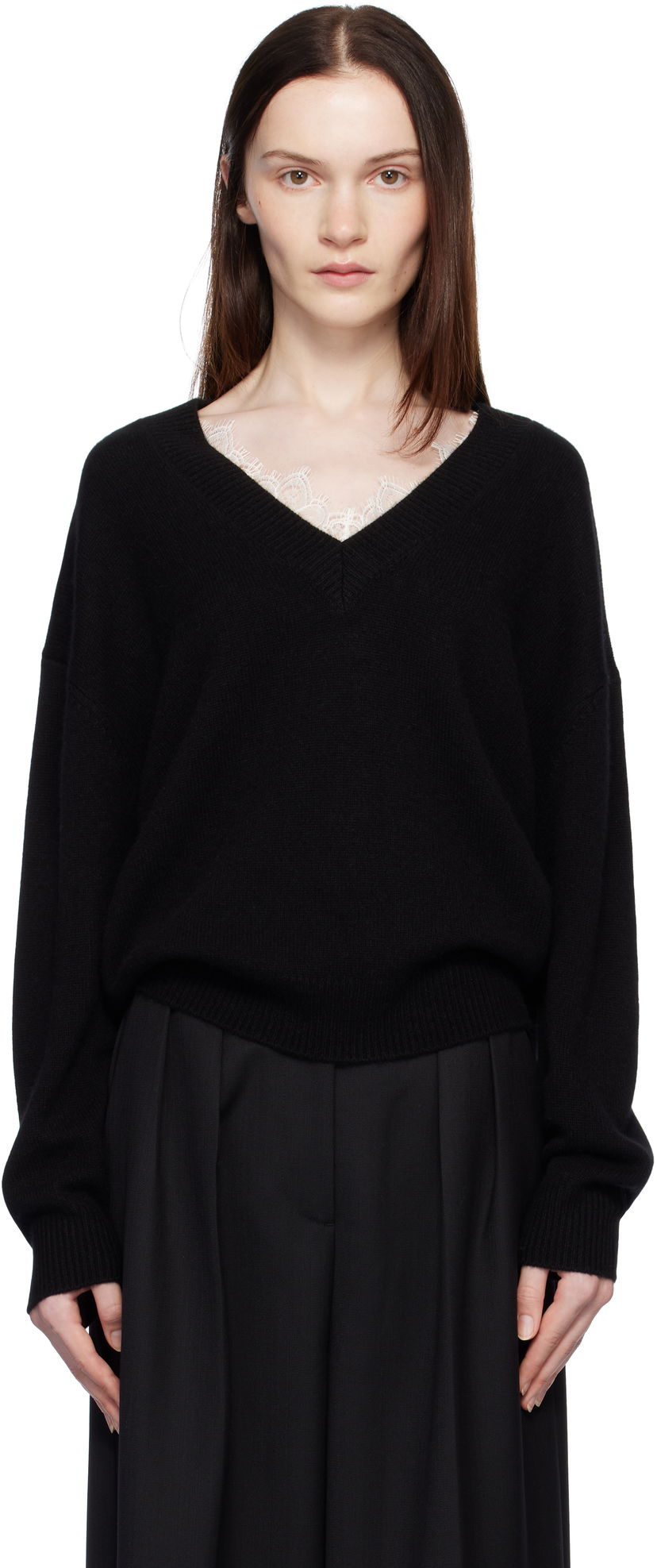 Džemper Anine Bing Lee Lace Trim V-Neck Sweater Crna | A-09-3280-000