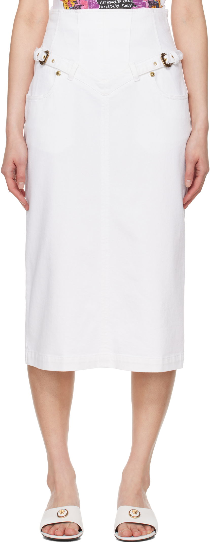 Suknja Versace Versace Jeans Couture Baroque Buckle Denim Midi Skirt Bijela | E78HAE85E_EEW015TC2