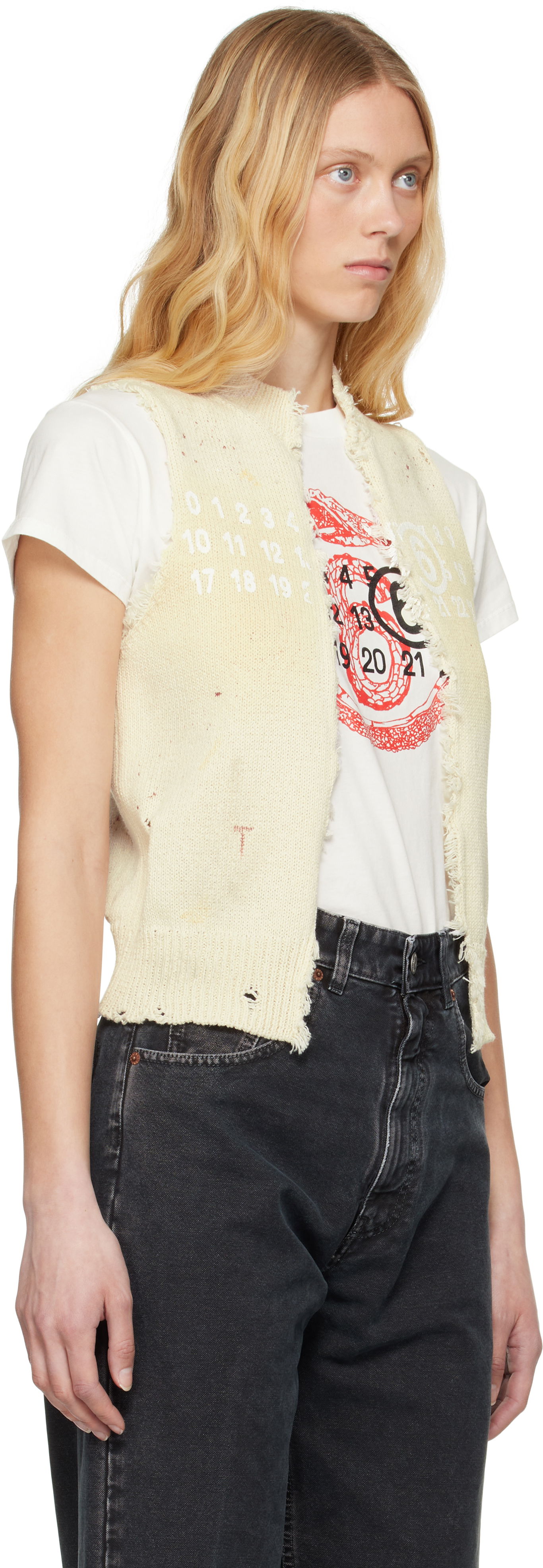 Džemper Maison Margiela MM6 Maison Margiela Open Cut Printed Vest Bež | S62FB0075 M13123, 1