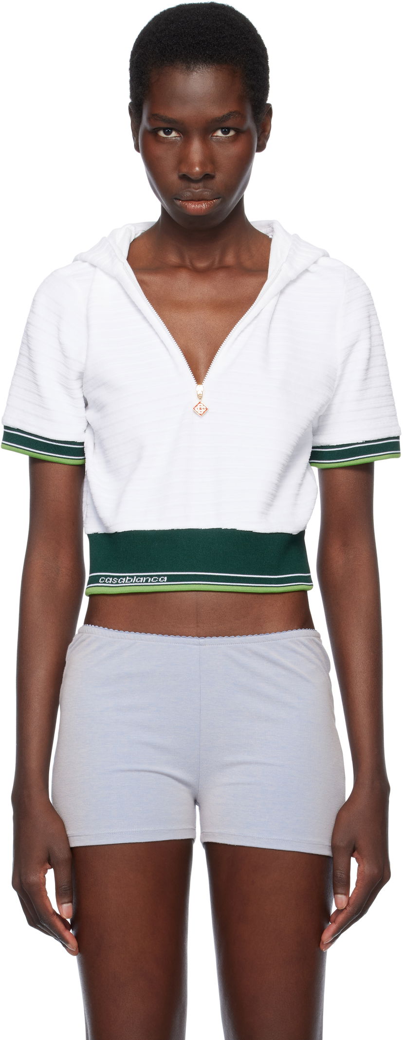Dukserice Casablanca Casablanca Textured Velour Tennis Cropped Hoodie Bijela | WS25-JTP-354-01
