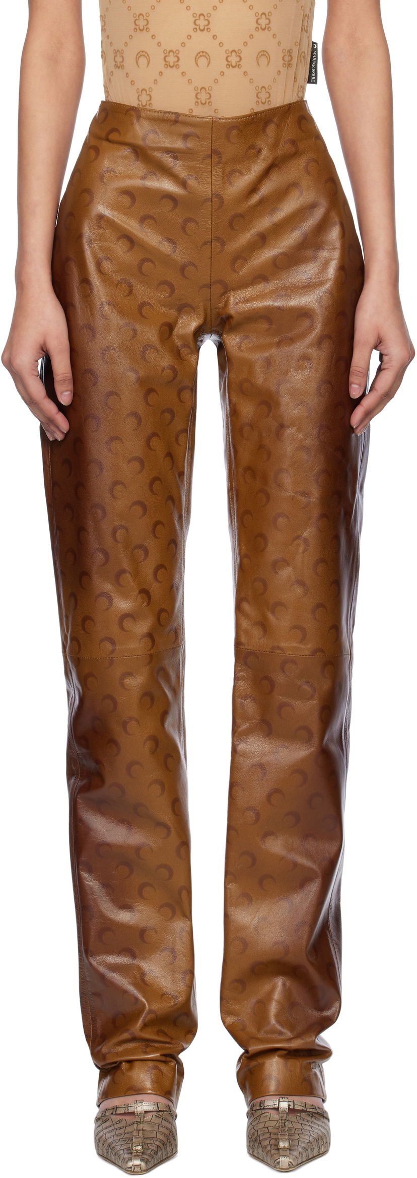 Hlače Marine Serre Marine Serre Moon Airbrushed Leather Pants Smeđa | WPA153A CLEA0050