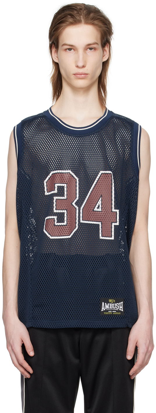 Majica bez rukava Ambush AMBUSH Mesh Tank Top with 34 Print Tamnoplava | BMAD003S24JER0014528