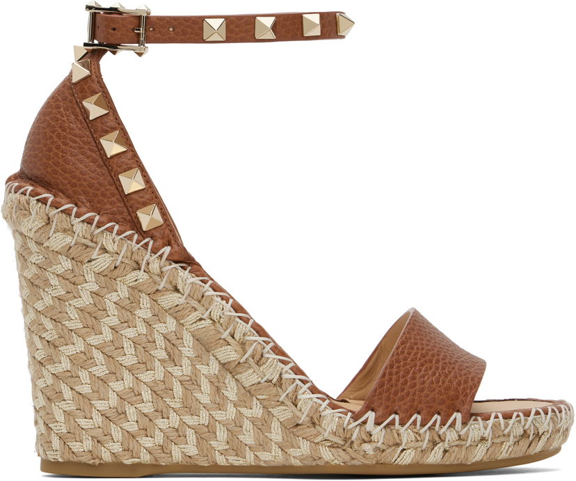 Njega cipela Valentino Valentino Garavani Double Rockstud Grainy Calfskin Wedge Espadrilles Smeđa | 6W2S0090FEQ