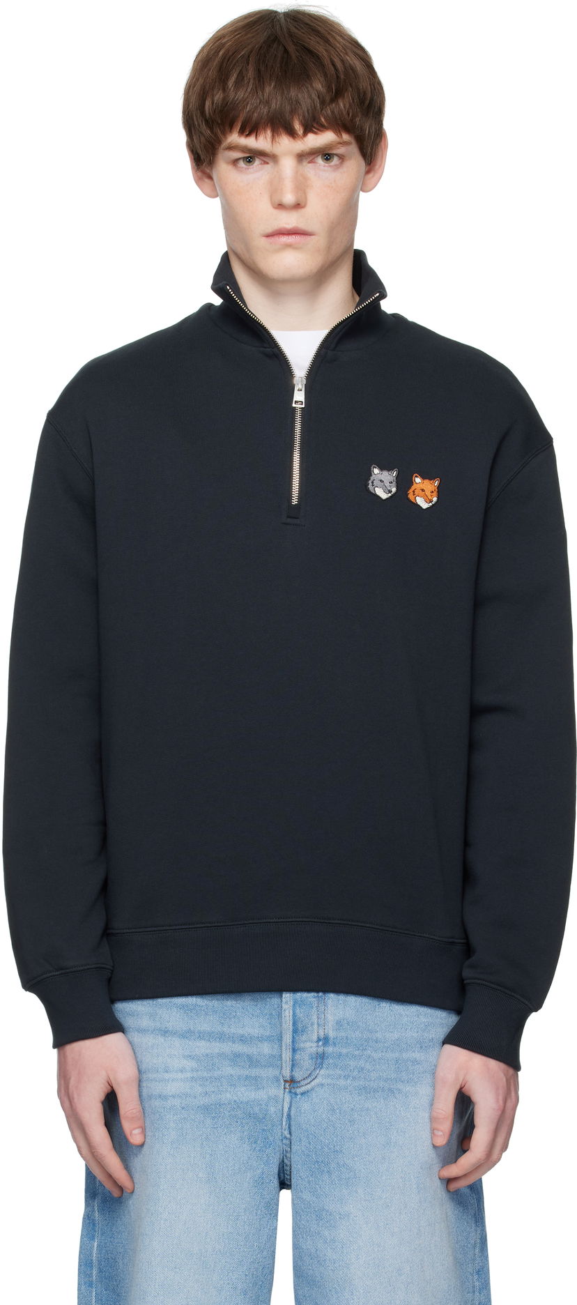 Dukserice MAISON KITSUNÉ Maison Kitsuné Double Fox Head Half-Zip Sweatshirt Crna | OM211CFKM0321