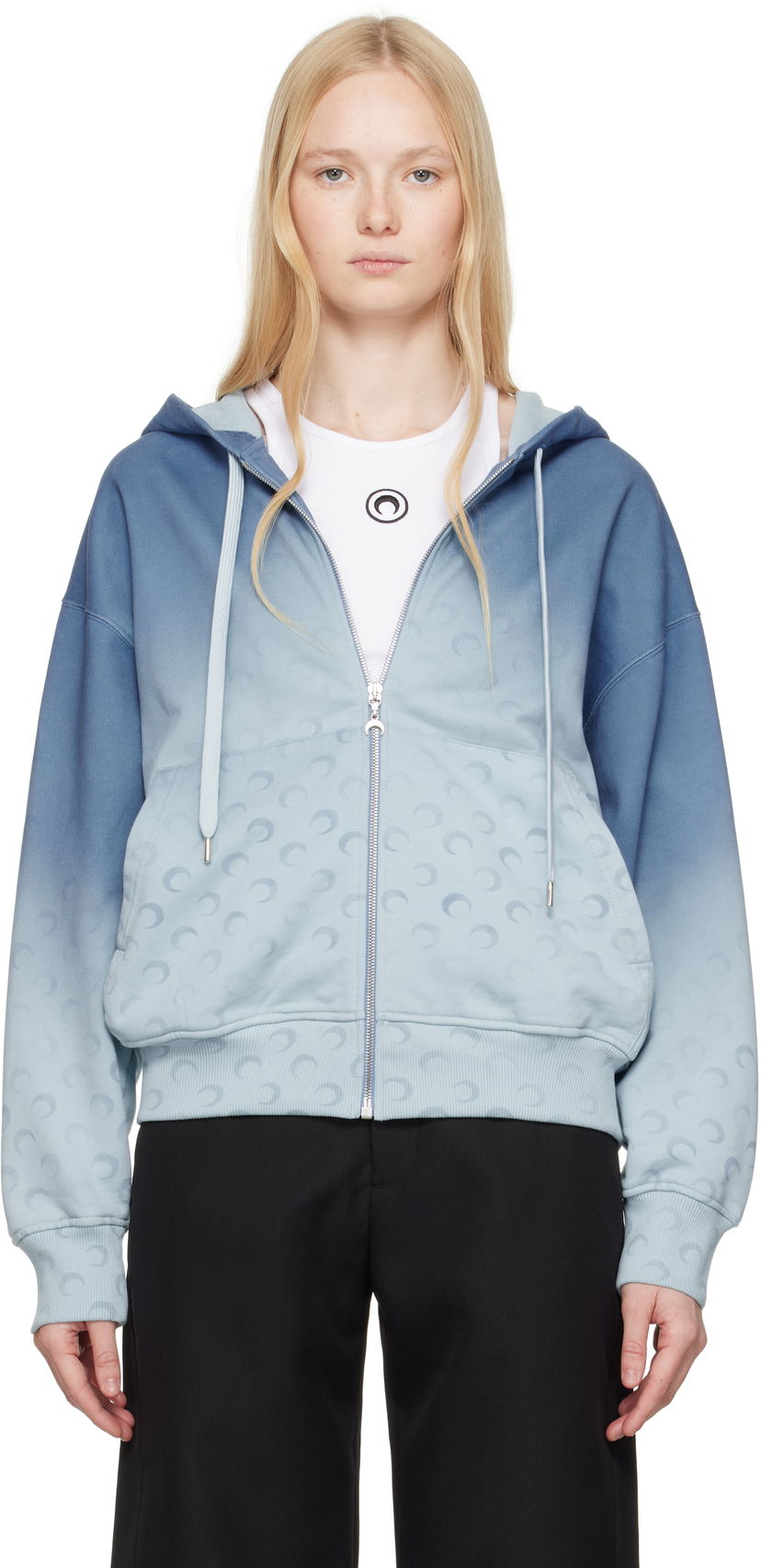 Dukserice Marine Serre Marine Serre Moon Faded Fleece Zip Hoodie Plava | UST017B CJER0073
