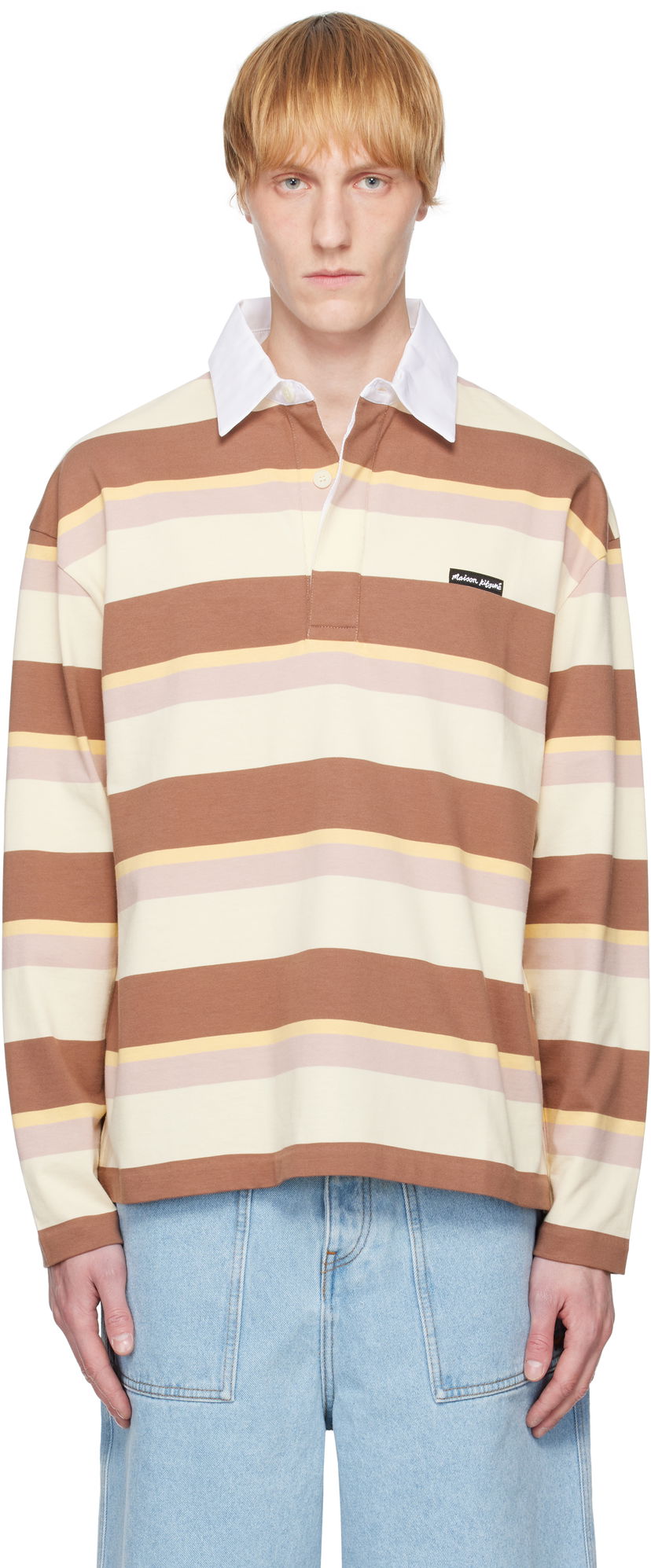 Polo majica MAISON KITSUNÉ Maison Kitsuné Striped Oversize Long Sleeve Polo Smeđa | OM00207KJ7019